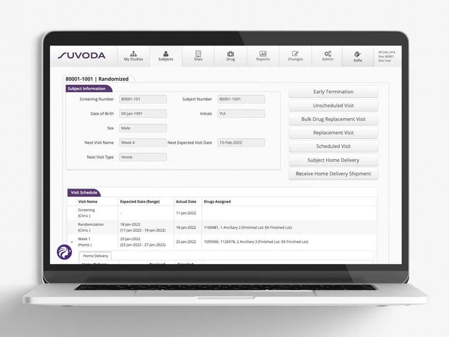 Screenshot of Suvoda IRT for clinical trials